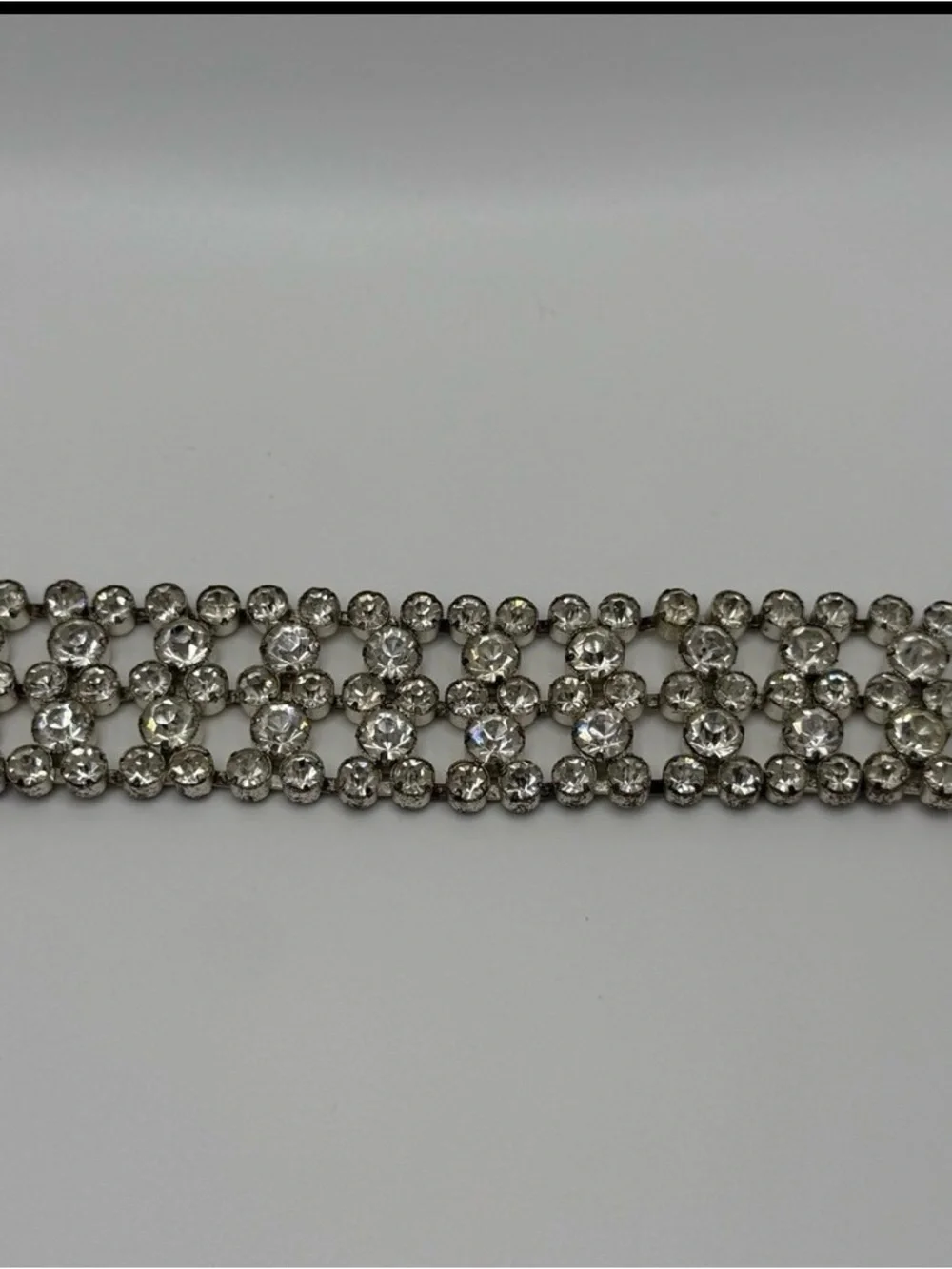 Vintage 1950s Czech Clear Rhinestone Lattice Link Bracelet 4-Row Openwork 6.75”